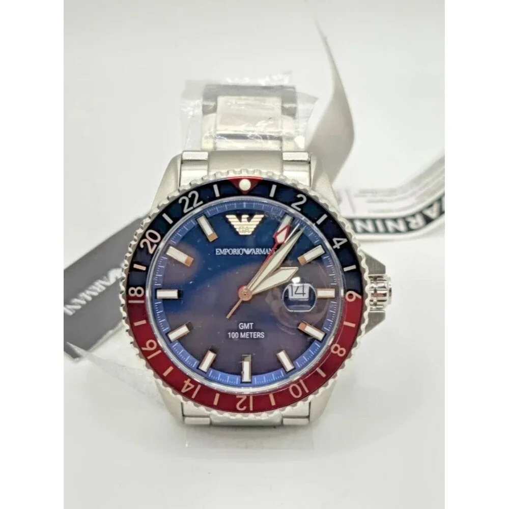 Emporio Armani AR11590 Men's GMT Watch Blue Red Bezel Stainless Steel Bracelet